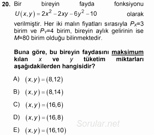 Matematiksel İktisat 2013 - 2014 Tek Ders Sınavı 20.Soru