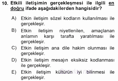 Kültürlerarası İletişim 2016 - 2017 Dönem Sonu Sınavı 10.Soru