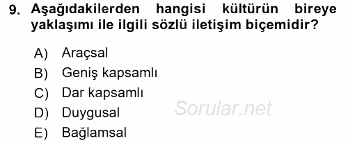 Kültürlerarası İletişim 2016 - 2017 Dönem Sonu Sınavı 9.Soru