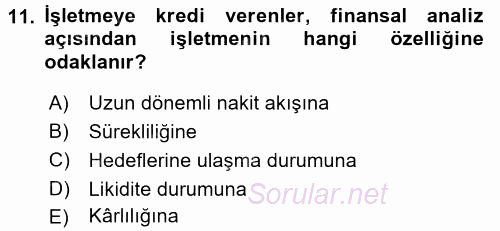 Finansal Yönetim 2016 - 2017 Ara Sınavı 11.Soru