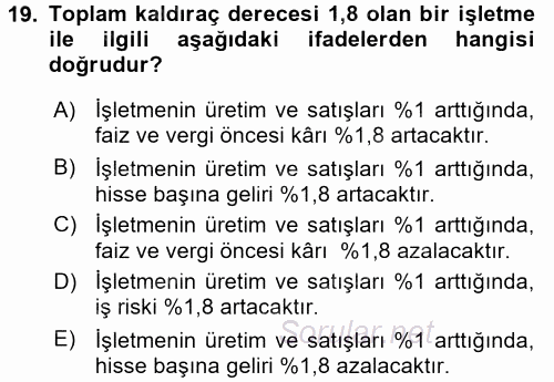 Finansal Yönetim 2016 - 2017 Ara Sınavı 19.Soru