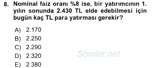 Finansal Yönetim 2016 - 2017 Ara Sınavı 8.Soru