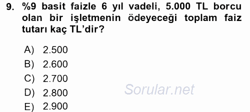 Finansal Yönetim 2016 - 2017 Ara Sınavı 9.Soru