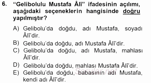 XVI. Yüzyıl Türk Edebiyatı 2012 - 2013 Dönem Sonu Sınavı 6.Soru