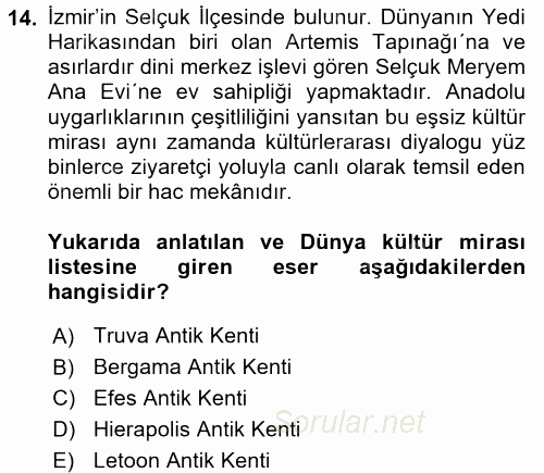 Turistik Alanlarda Mekan Tasarımı 2017 - 2018 3 Ders Sınavı 14.Soru