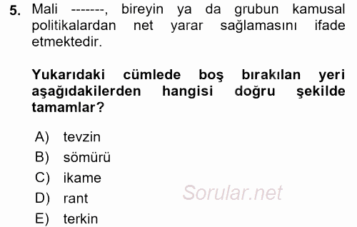 Maliye Politikası 2 2017 - 2018 3 Ders Sınavı 5.Soru