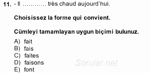 Fransızca 1 2014 - 2015 Ara Sınavı 11.Soru