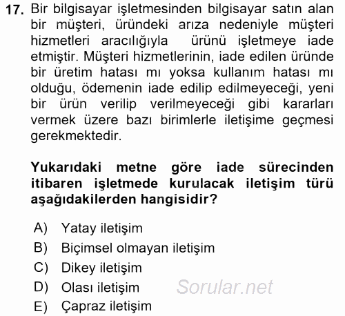 Yönetim Bilimi 1 2017 - 2018 Ara Sınavı 17.Soru