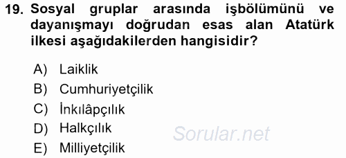 Atatürk İlkeleri Ve İnkılap Tarihi 2 2017 - 2018 Ara Sınavı 19.Soru