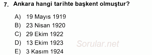Atatürk İlkeleri Ve İnkılap Tarihi 2 2017 - 2018 Ara Sınavı 7.Soru