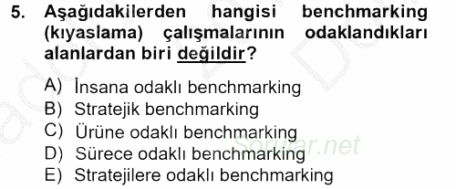 Konaklama Hizmetlerinde Kalite Yönetimi 2012 - 2013 Dönem Sonu Sınavı 5.Soru