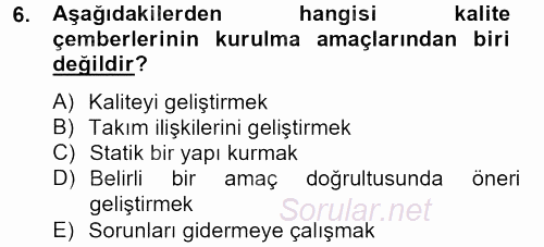 Konaklama Hizmetlerinde Kalite Yönetimi 2012 - 2013 Dönem Sonu Sınavı 6.Soru