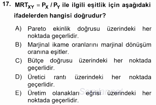 Doğal Kaynaklar ve Çevre Ekonomisi 2016 - 2017 Ara Sınavı 17.Soru