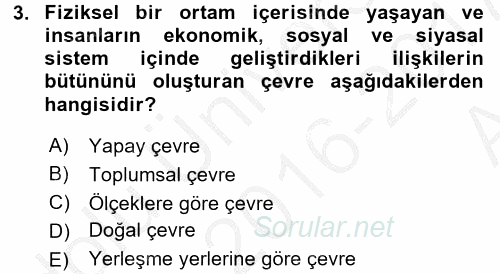 Doğal Kaynaklar ve Çevre Ekonomisi 2016 - 2017 Ara Sınavı 3.Soru