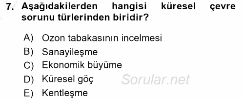 Doğal Kaynaklar ve Çevre Ekonomisi 2016 - 2017 Ara Sınavı 7.Soru