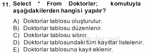 Sağlık Kurumlarında Bilgi Sistemleri 2013 - 2014 Tek Ders Sınavı 11.Soru