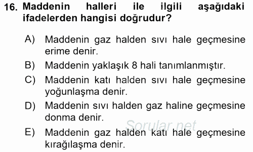 Okulöncesinde Fen Eğitimi 2017 - 2018 Dönem Sonu Sınavı 16.Soru