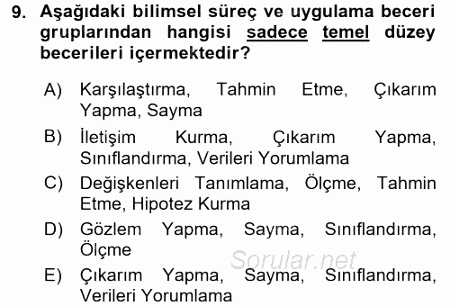 Okulöncesinde Fen Eğitimi 2017 - 2018 Dönem Sonu Sınavı 9.Soru