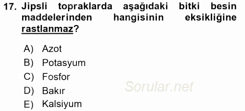 Toprak Bilgisi ve Bitki Besleme 2017 - 2018 Ara Sınavı 17.Soru