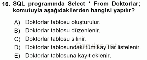 Sağlık Kurumlarında Bilgi Sistemleri 2015 - 2016 Ara Sınavı 16.Soru