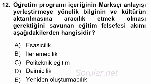 Eğitim Felsefesi 2015 - 2016 Ara Sınavı 12.Soru