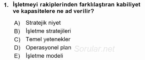 Stratejik Yönetim 1 2015 - 2016 Tek Ders Sınavı 1.Soru