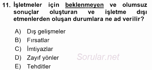 Stratejik Yönetim 1 2015 - 2016 Tek Ders Sınavı 11.Soru