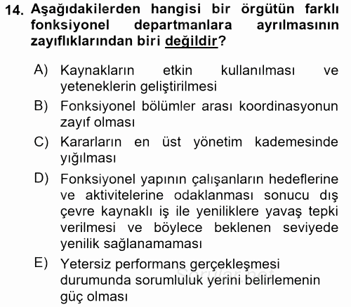 Stratejik Yönetim 1 2015 - 2016 Tek Ders Sınavı 14.Soru