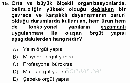 Stratejik Yönetim 1 2015 - 2016 Tek Ders Sınavı 15.Soru