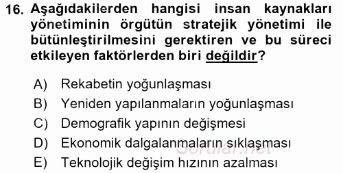 Stratejik Yönetim 1 2015 - 2016 Tek Ders Sınavı 16.Soru