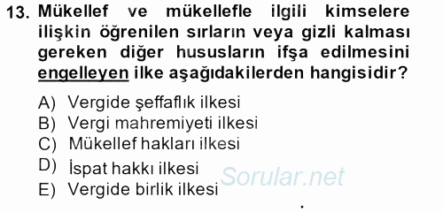 Genel Vergi Hukuku 2014 - 2015 Dönem Sonu Sınavı 13.Soru