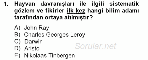 Hayvan Davranışları ve Refahı 2014 - 2015 Dönem Sonu Sınavı 1.Soru
