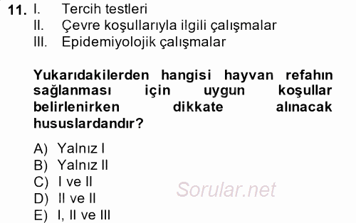 Hayvan Davranışları ve Refahı 2014 - 2015 Dönem Sonu Sınavı 11.Soru