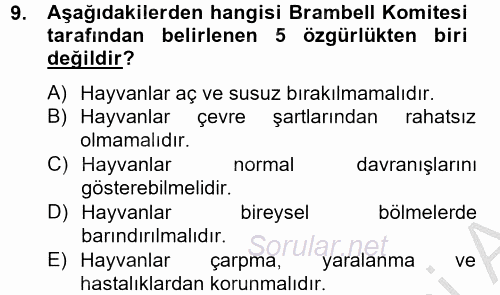 Hayvan Davranışları ve Refahı 2014 - 2015 Dönem Sonu Sınavı 9.Soru