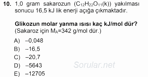 Genel Kimya 1 2013 - 2014 Tek Ders Sınavı 10.Soru