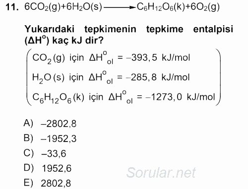 Genel Kimya 1 2013 - 2014 Tek Ders Sınavı 11.Soru