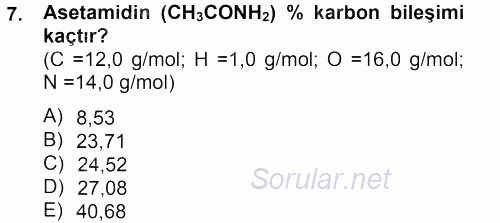 Genel Kimya 1 2013 - 2014 Tek Ders Sınavı 7.Soru