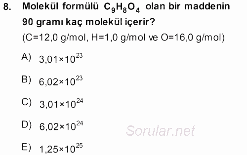 Genel Kimya 1 2013 - 2014 Tek Ders Sınavı 8.Soru