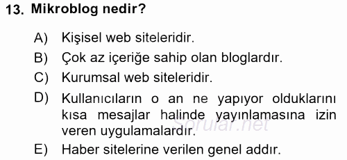 Halkla İlişkiler Uygulama Teknikleri 2017 - 2018 3 Ders Sınavı 13.Soru