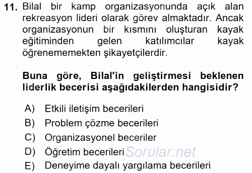 Rekreasyon Yönetimi 2017 - 2018 Dönem Sonu Sınavı 11.Soru