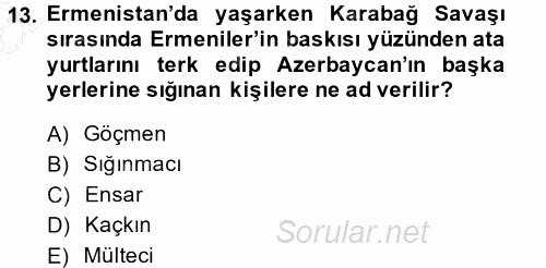 Çağdaş Türk Dünyası 2014 - 2015 Ara Sınavı 13.Soru