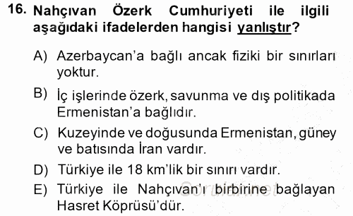 Çağdaş Türk Dünyası 2014 - 2015 Ara Sınavı 16.Soru