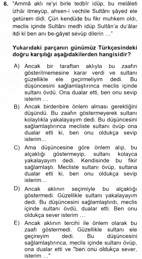 Osmanlı Türkçesi Metinleri 1 2015 - 2016 Dönem Sonu Sınavı 6.Soru