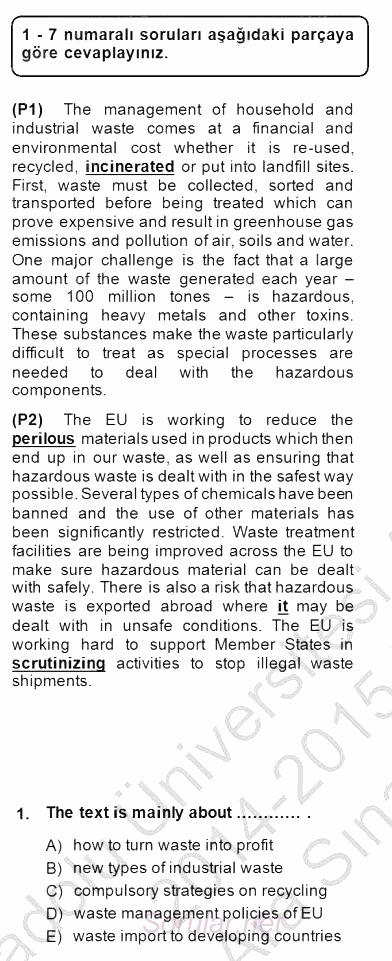 İleri Okuma Ve Yazma Becerileri 2 2014 - 2015 Ara Sınavı 1.Soru