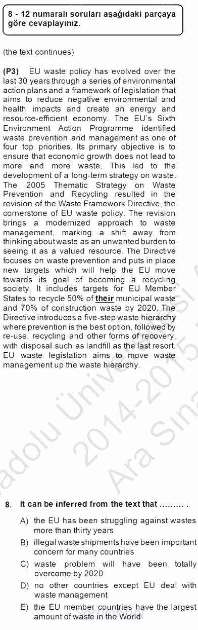 İleri Okuma Ve Yazma Becerileri 2 2014 - 2015 Ara Sınavı 8.Soru