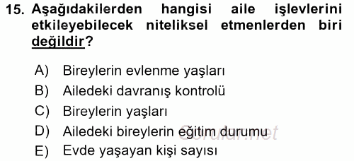 Toplumsal Yaşamda Aile 2017 - 2018 Ara Sınavı 15.Soru