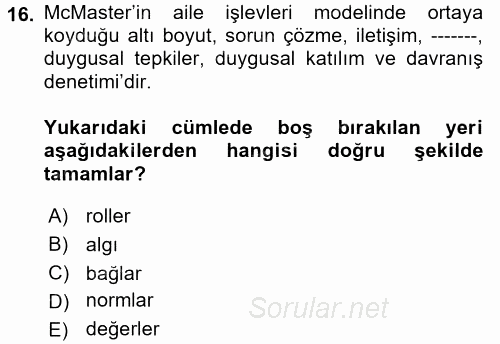 Toplumsal Yaşamda Aile 2017 - 2018 Ara Sınavı 16.Soru