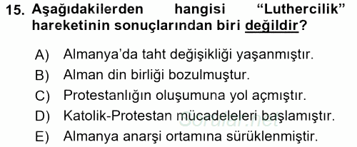 Orta Çağ-Yeni Çağ Avrupa Tarihi 2017 - 2018 Ara Sınavı 15.Soru