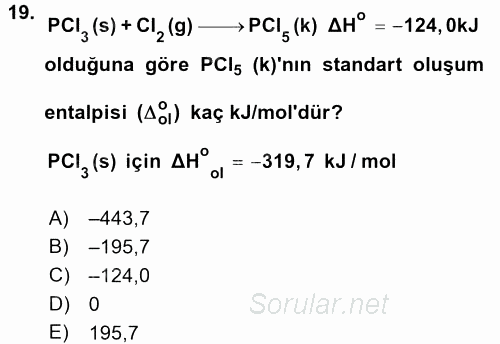 Genel Kimya 1 2017 - 2018 Ara Sınavı 19.Soru