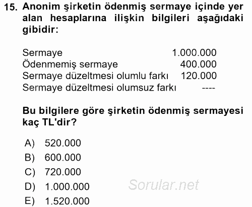 Genel Muhasebe 2 2017 - 2018 3 Ders Sınavı 15.Soru